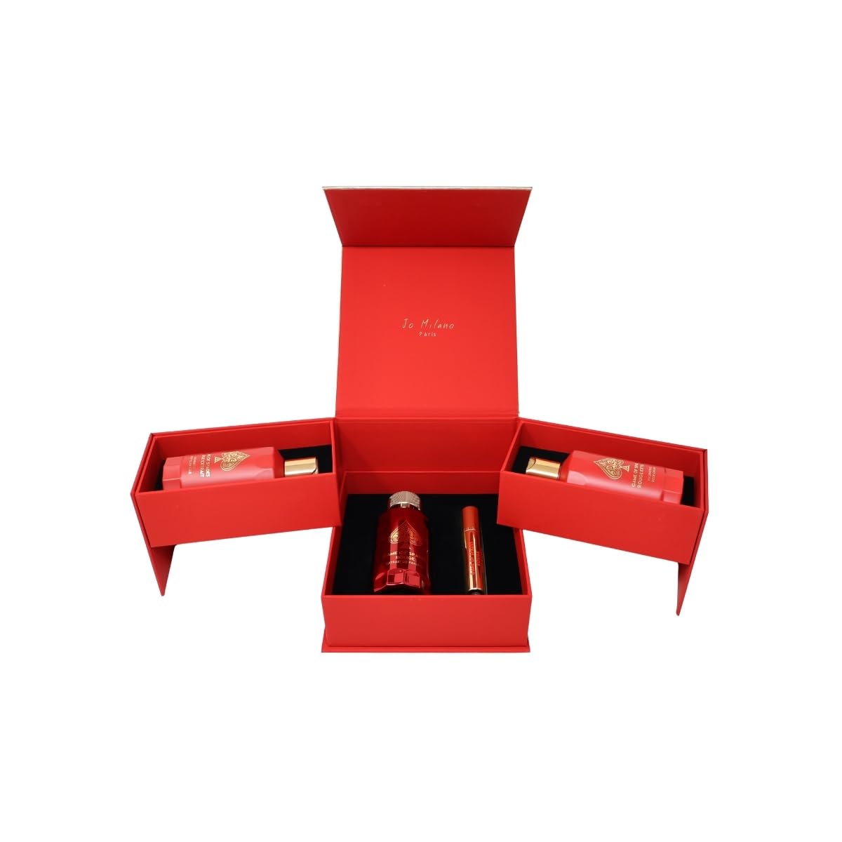 Jo Milano Game of Spades ROUGE EXTRAIT 4-Piece Gift Set Unisex, (3.4 Oz Extrait de Parfum Spray + 6.8 Oz Body Cleanser + 6.8 Oz Body Cream + 0.27 Oz Refillable Atomizer)