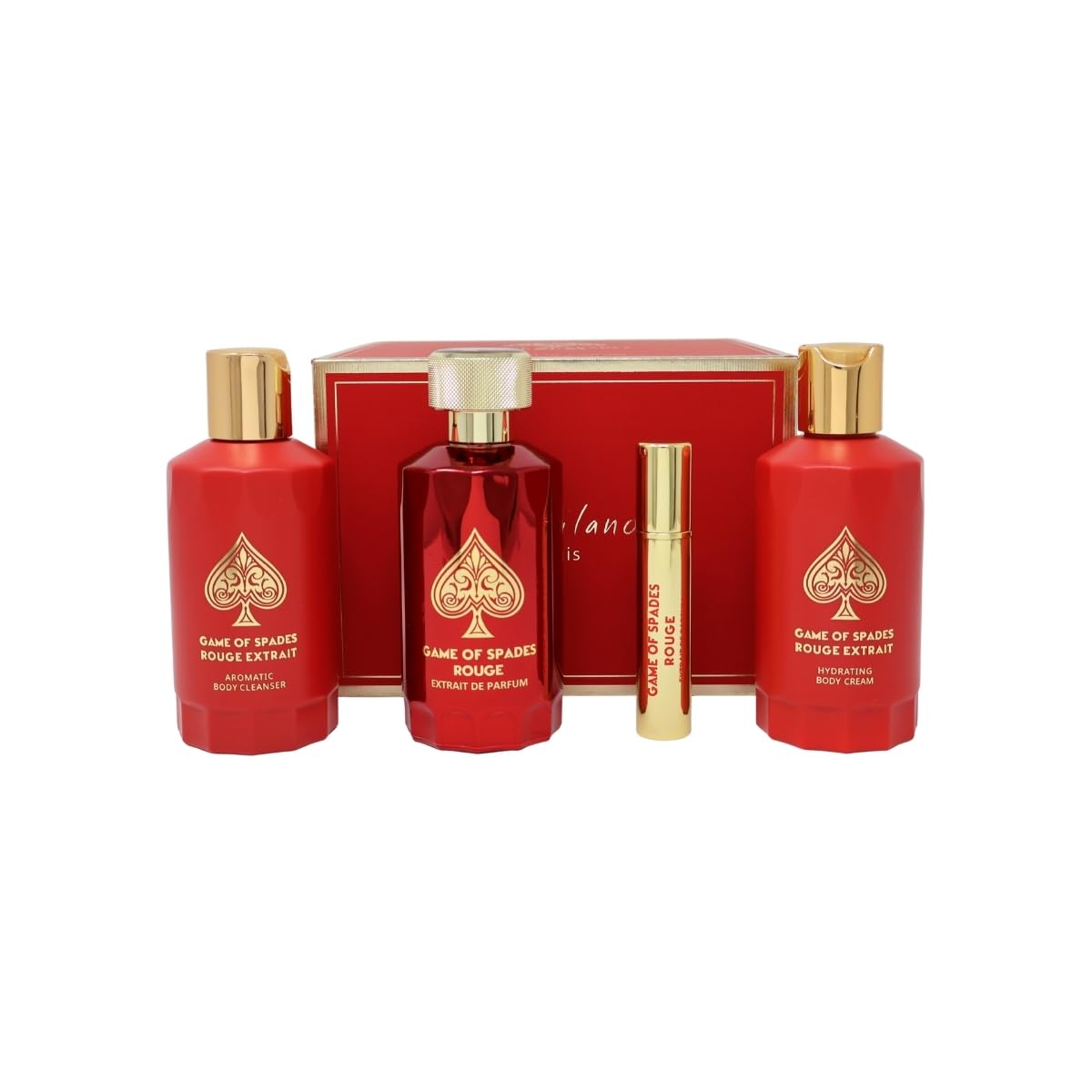 Jo Milano Game of Spades ROUGE EXTRAIT 4-Piece Gift Set Unisex, (3.4 Oz Extrait de Parfum Spray + 6.8 Oz Body Cleanser + 6.8 Oz Body Cream + 0.27 Oz Refillable Atomizer)