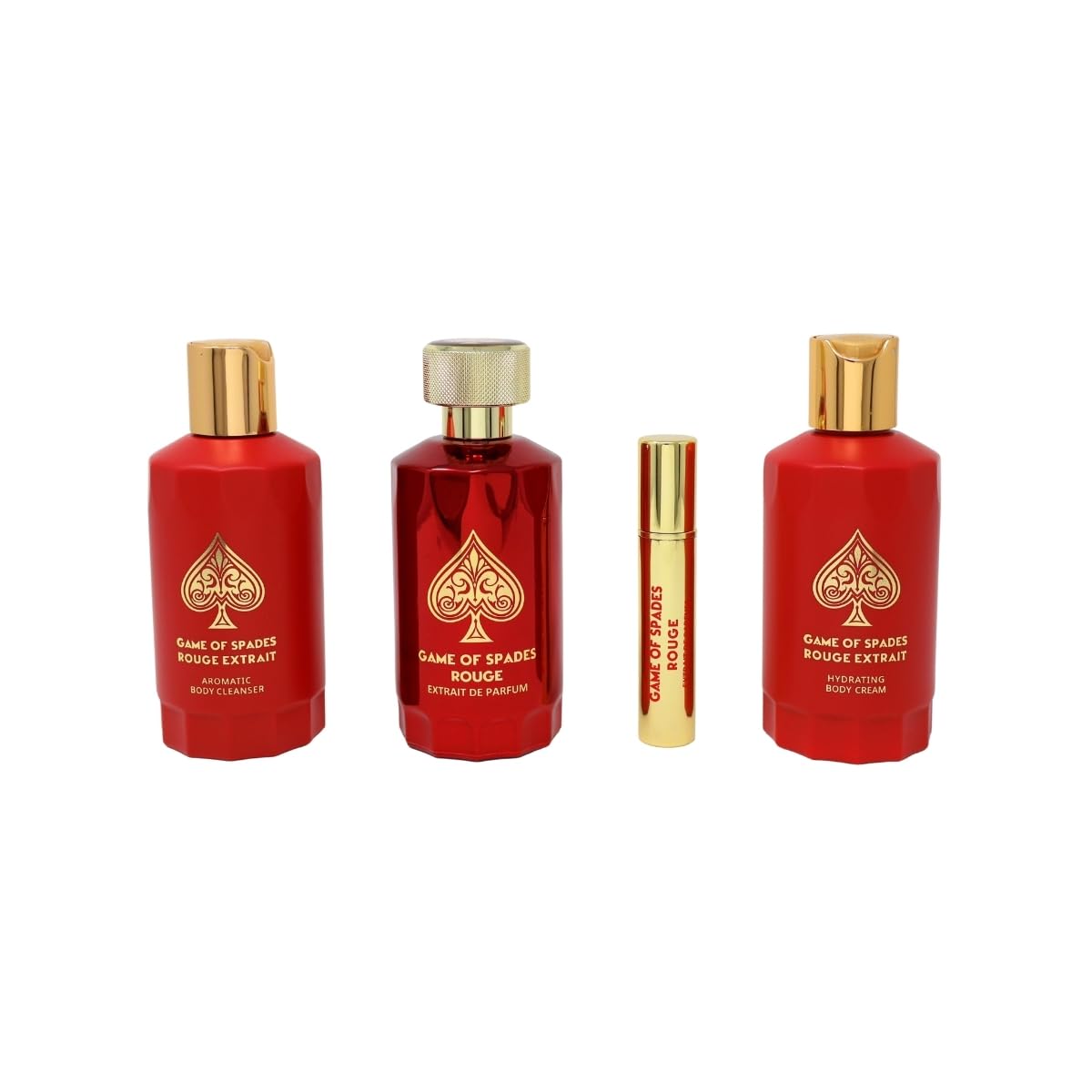 Jo Milano Game of Spades ROUGE EXTRAIT 4-Piece Gift Set Unisex, (3.4 Oz Extrait de Parfum Spray + 6.8 Oz Body Cleanser + 6.8 Oz Body Cream + 0.27 Oz Refillable Atomizer)