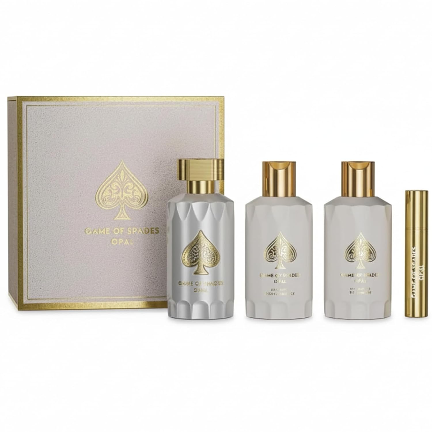 Jo Milano Game Of Spades Opal 4-Piece Gift Set | 3.4 oz Parfum Spray, 6.8 oz Body Cleanser, 6.8 oz Body Cream, 0.27 oz Refillable Atomizer | Long Lasting Fragrance Unisex
